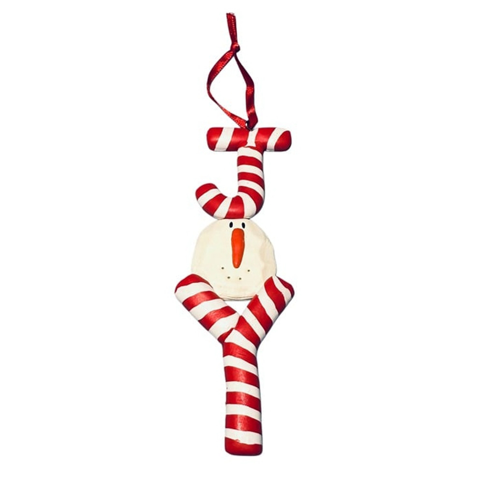 Vintage Snowman Candy Cane "JOY" Ornament - 5.5" White & Red